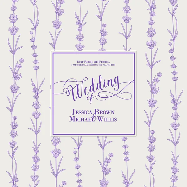 Uitnodiging bruiloft met bloesem lavendel. Bruids douche kaart met grijze achtergrond. Vintage bloemen uitnodiging voor de lente of zomer bruids douche. — Stockvector
