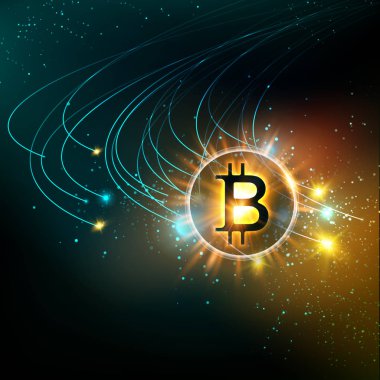 Işık parlayan bitcoin sembol su sıçramalarına ve kıvılcım. Altın blockchain alanı kavramı. Eşler arası ağ arka plan ile cryptocurrency sembolü şekil.