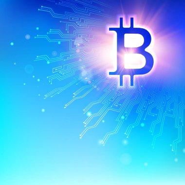 Bitcoin sembol ve anne Pano devreleri parlayan ile mavi arka plan. Dijital blockchain ağ kavramı.