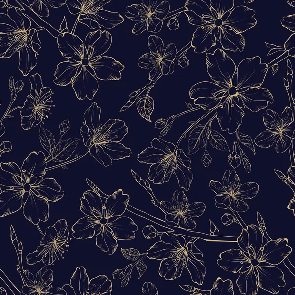 Blütenzweig goldener Apfelblüten auf blauem Hintergrund. schöne blühende Blumen. Sacura nahtlose Muster. Gruß- oder Einladungskarte. — Stockvektor
