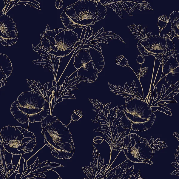 Seamless mönster av gyllene vallmo blommor på en svart bakgrund. — Stock vektor