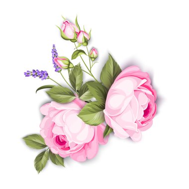 Düğün çiçek buketi renk bud Garland. Gül ve lavanta çiçekleri ile etiket.