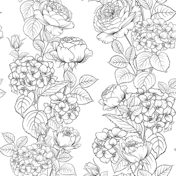 Seamless pattern of rose flower for fabric design. Luxurious line art of spring flowers. — Stock Vector