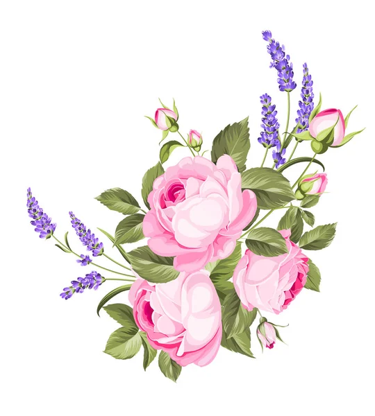 Floreciente guirnalda de flores de primavera de rosas púrpuras y lavanda violeta. Etiqueta con flores de rosa y lavanda . — Vector de stock