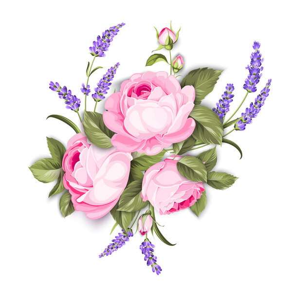 Blooming spring flowers garland of purple roses and violet lavender. Label with rose and lavender flowers.