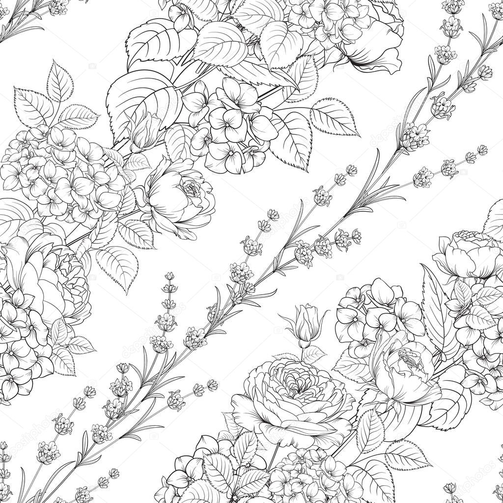 Seamless pattern of rose flower for fabric design. Luxurious line art of spring flowers.