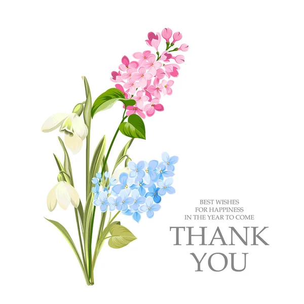 Ευχαριστήρια κάρτα με πρότυπο σημάδι και άνοιξη λουλούδι Γκάρλαντ. Πασχαλιά και galantus μπουκέτο για προσκλητήριο. Εκτυπώσιμη vintage γάμος πρόσκληση με λουλούδια πάνω από λευκό. — Διανυσματικό Αρχείο