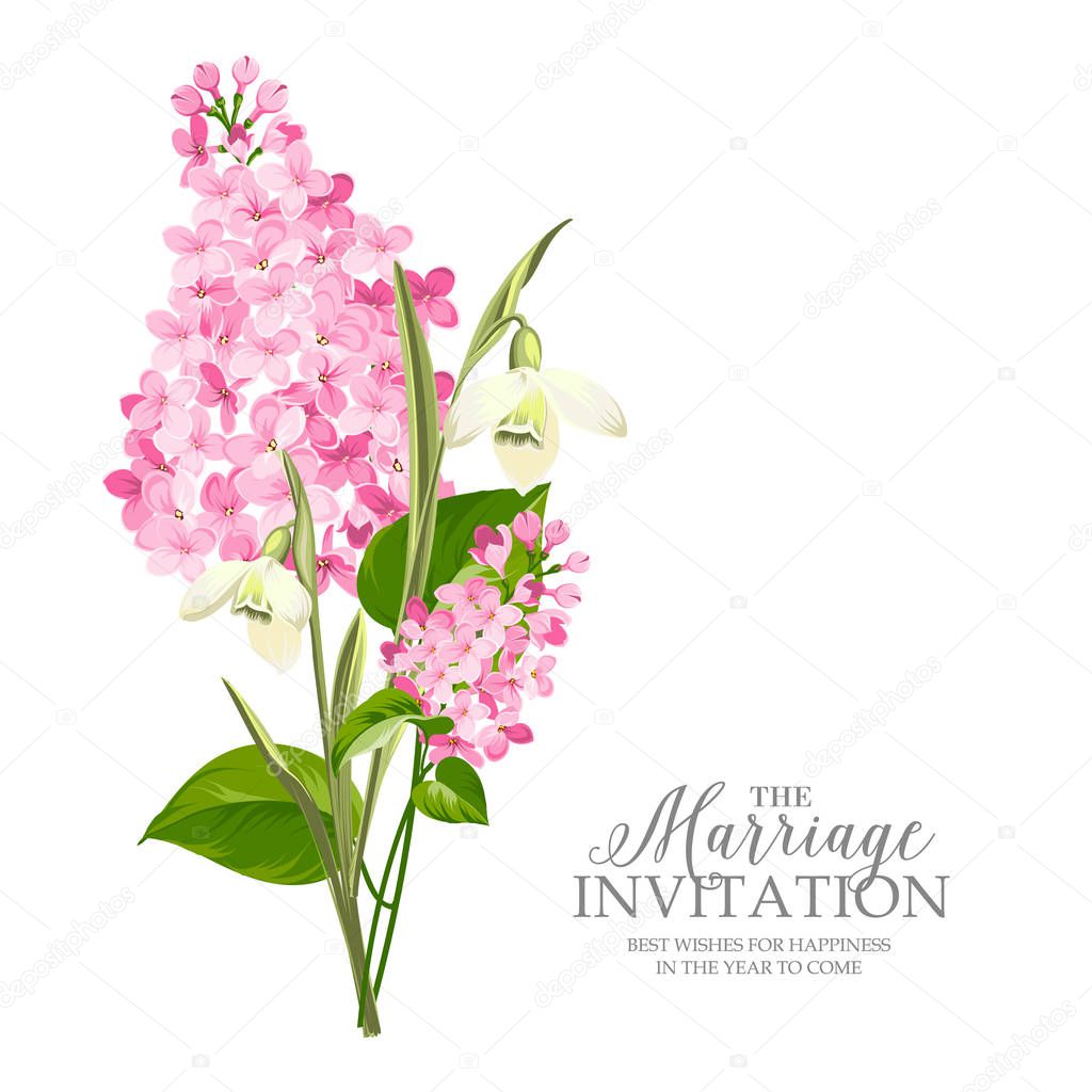 Marriage invitation card with template sign and spring flower garland. Lilac and galantus bouquet for wedding card. Printable vintage marriage invitation with flowers over white. Vector illustration.