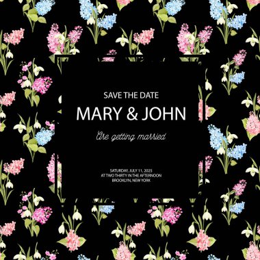 Evlilik şablon işareti ve bahar çiçek çelenk davetiyeli. Leylak ve EYSAN buket düğün kartı için. Yazdırılabilir vintage evlilik daveti üzerine beyaz çiçekli.