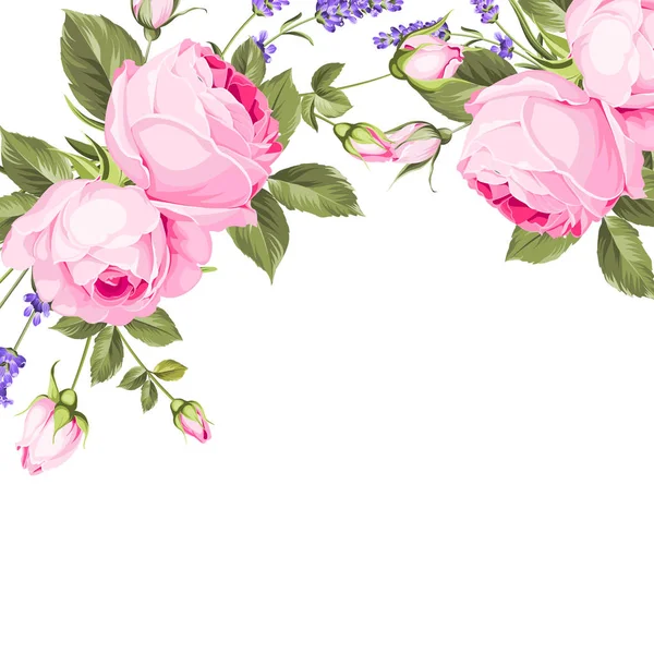 Lente bloemen boeket van kleur bud garland. Label van lavendel met roze bloemen. — Stockvector