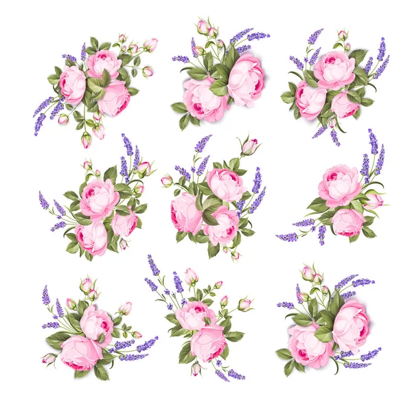 Vintage rosa flores definidas sobre fundo branco. Pacote de flores de verão de casamento. Coleção de flores de lavanda desenhada à mão aquarela. Pacote de buquês com flores de rosa e lavanda . —  Vetores de Stock