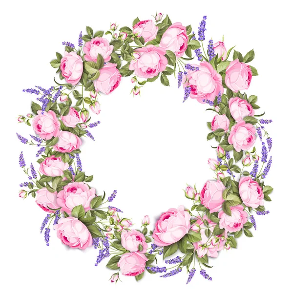 夏の花は、白い背景のかわいいバラとラベンダーのつぼみとフレームを円します。結婚招待状のバラの花の花輪。ラベンダーのハーブと国境します。. — ストックベクタ