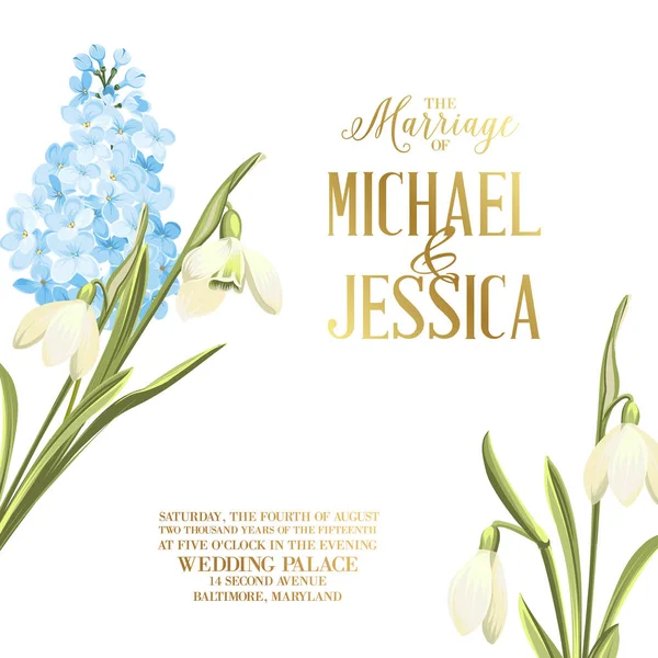 結婚招待状カード テンプレート記号と春花のガーランド。ウェディング カードのライラックと galantus の花束。白の花を持つ印刷可能なビンテージ結婚招待状. — ストックベクタ