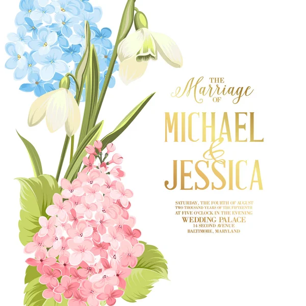 Marriage invitation card. Wedding invitation with spring flowers. Bridal shower invitation with white background. Marriage floral invitation for spring or summer ceremony. — Stock Vector