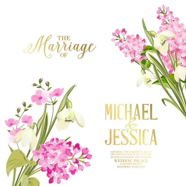 Весняний фон з квітами сирінга для дизайну весільної листівки. Квітучий квітковий візерунок для запрошення . — стоковий вектор