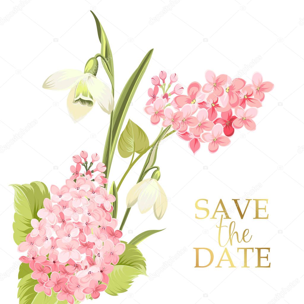 Save the date card with template sign and spring flower garland. Lilac and galantus bouquet for wedding card. Printable vintage marriage invitation with flowers over white.