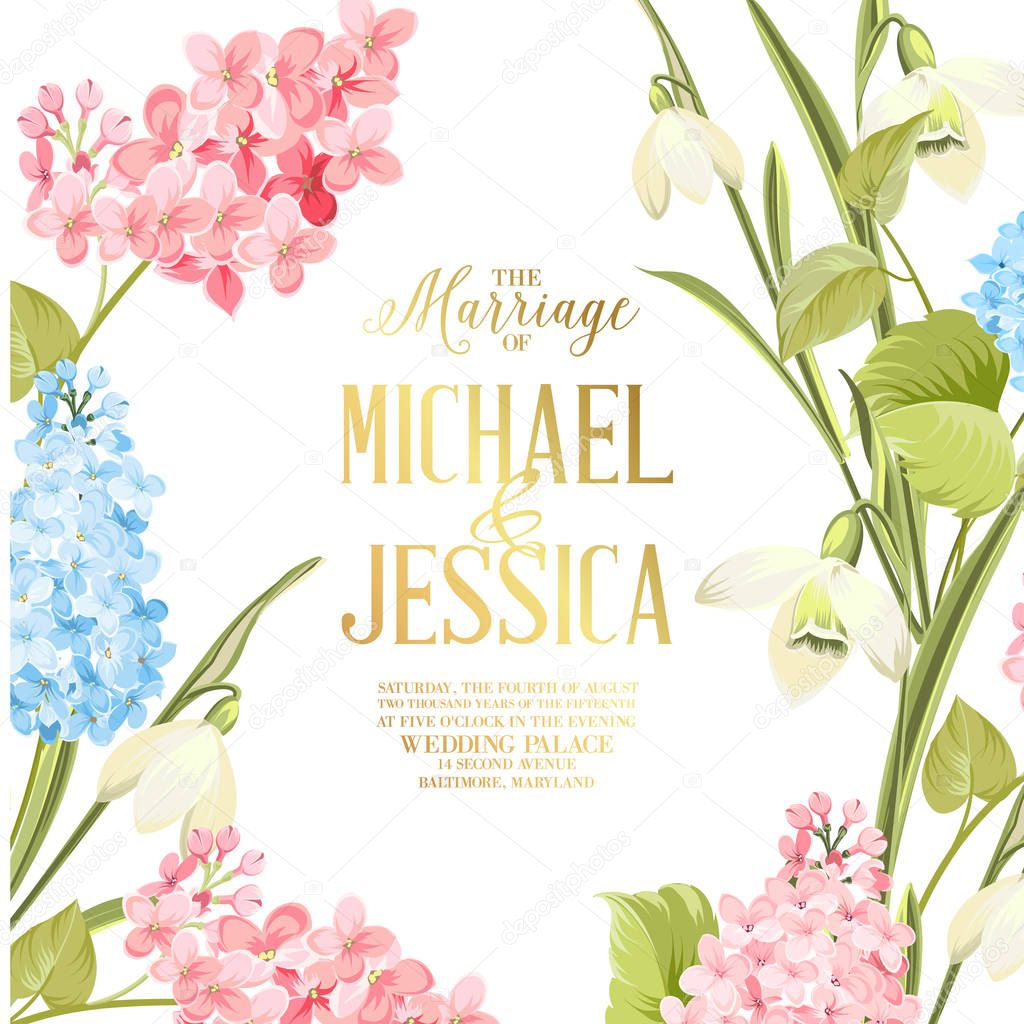 Marriage invitation card. Wedding invitation with spring flowers. Bridal shower invitation with white background. Marriage floral invitation for spring or summer ceremony.