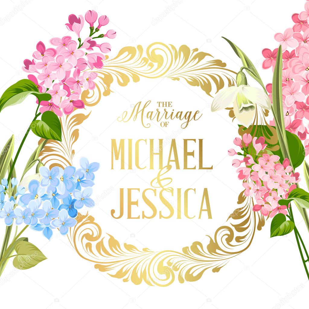 Marriage invitation card with custom sign and flower frame over white background.