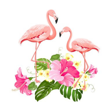 The tropical background. Summer illustration with bouquet of green palm leaves and red hibiscus flowers. Illustration with colorful flamingo on white background. clipart