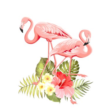 Tropikal arka plan. Yeşil palmiye yaprakları ve kırmızı ebegümeci çiçek buketi ile Yaz illüstrasyon. Beyaz arka planda renkli flamingo ile İllüstrasyon.