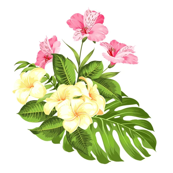 Buquê de flores exóticas de grinalda cor broto. Etiqueta com flores de plumeria. Buquê de flores tropicais aromáticas. Modelo de cartão de convite com flores de cor de alstroemeria . —  Vetores de Stock