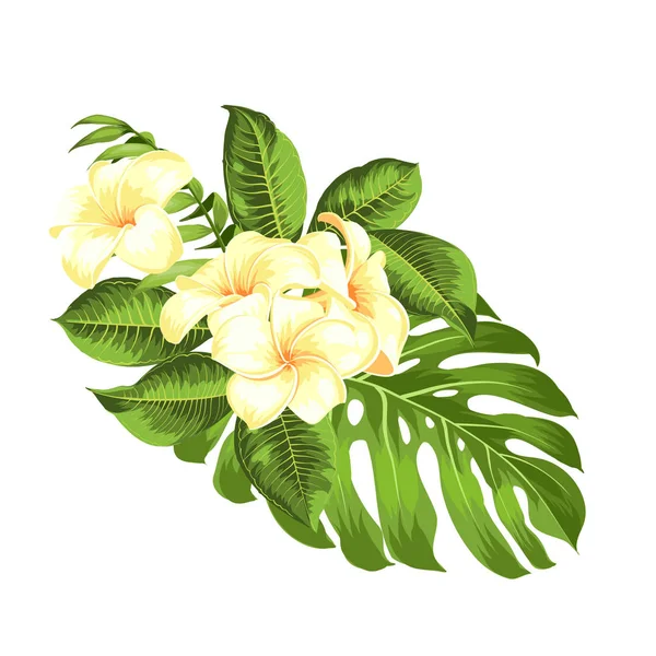 Ramo de flores tropicales para su tarjeta de vacaciones de verano. Ilustración vectorial. Flores de flor para tarjeta de invitación sobre fondo blanco . — Vector de stock