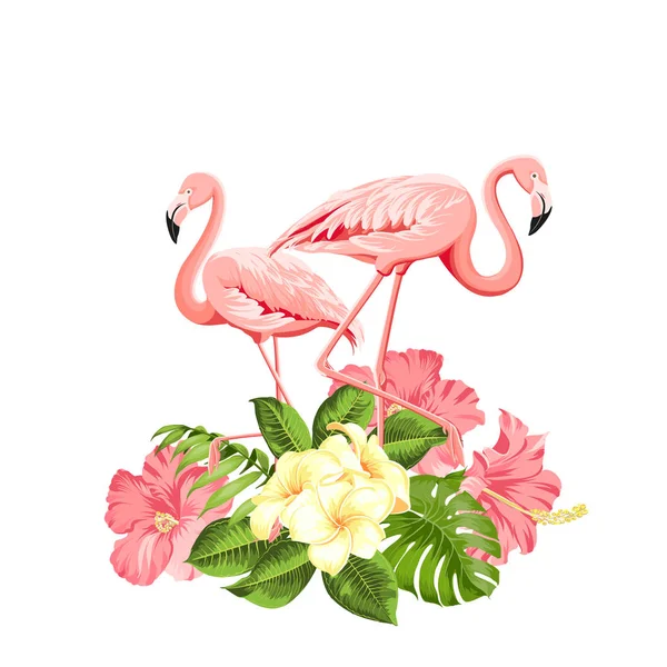 Flamingo arka plan tasarımı. Tropikal çiçekler illüstrasyon. Sarma, kumaş, davet kartı ve şablon tasarımı için moda yaz baskı. — Stok Vektör