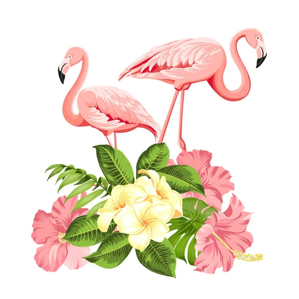 Tropikal kuşlar ve çiçekler illüstrasyon. Sarma, kumaş, davet kartı ve şablon tasarımı için moda yaz baskı. — Stok Vektör