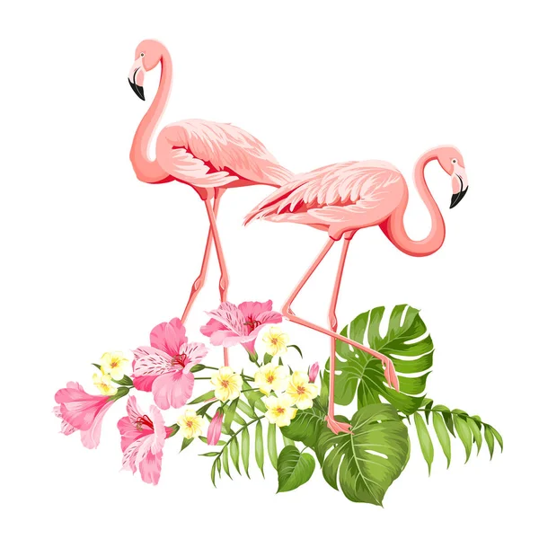 Ilustración de aves tropicales y flores. Estampado de verano de moda para envolver, tela, tarjeta de invitación y su diseño de plantilla . — Vector de stock