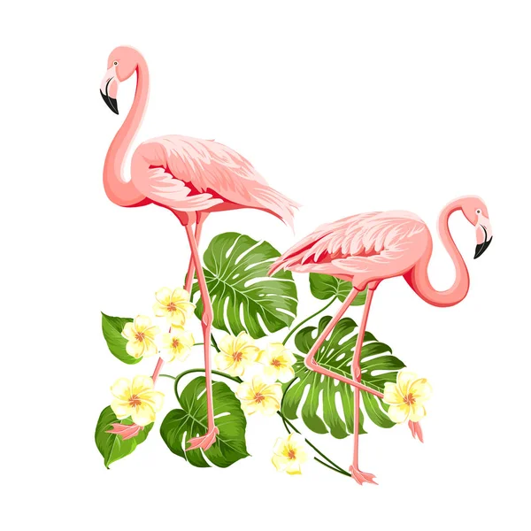 Decoración natural exótica floral. Fondo de verano seguro con silueta de hojas tropicales, flores de plumeria florecientes y aves flamencas . — Vector de stock