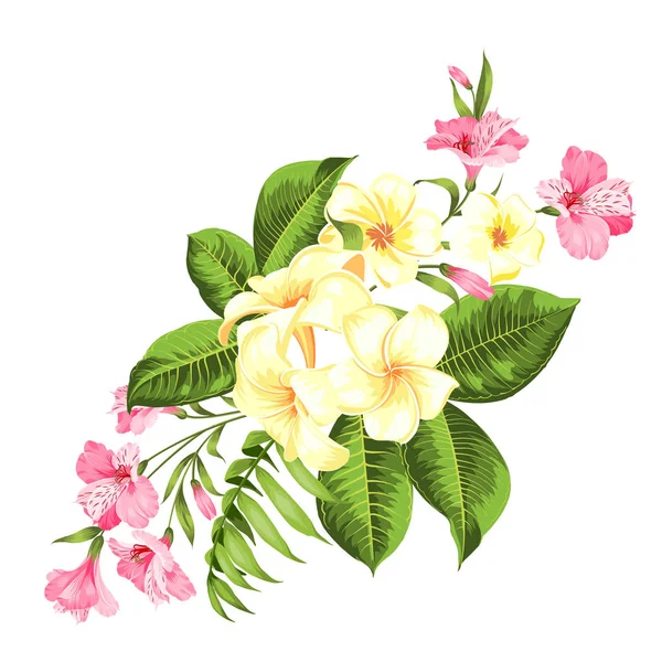 Prachtige kaart met een krans van tropische bloemen. Tropische bloem garland. De bloemen van de bloesem voor uitnodigingskaart op witte achtergrond. — Stockvector