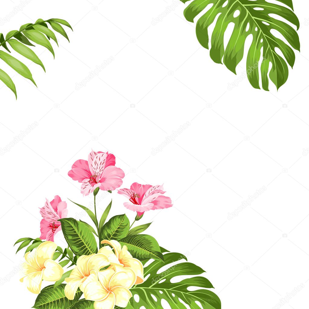 Vacation illustration with floral garland. Wedding garland with tropical flowers for invitation card. Summer holiday invitation card with floral bouquet with text place.