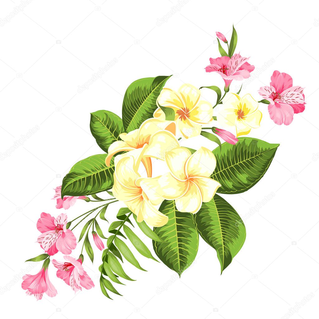 Beautiful card with a wreath of tropical flowers. Tropical flower garland. Blossom flowers for invitation card over white background.