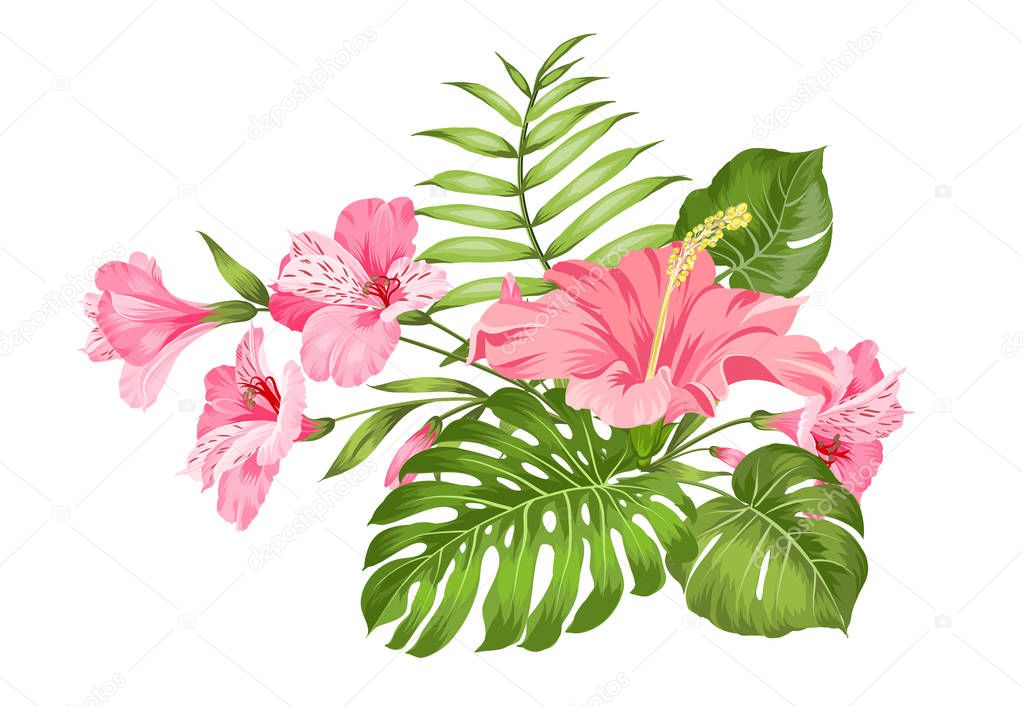 Tropical flower garland for your card design. Label with plumeria flowers. Invitation card template with color flowers of alstroemeria.