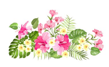 Tropikal çiçek çelenk kartı tasarımınız için. Plumeria çiçekler ile etiketleyin. Davetiye kartı şablonu ile alstroemeria renk çiçekleri.
