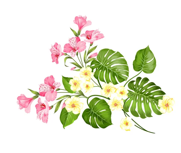 Het paradijs van de bloem. De illustratie van de zomer met boeket van groene palmbladeren en bloeiende bloemen. Mooie slinger voor vakantie ontwerp op witte achtergrond. — Stockvector