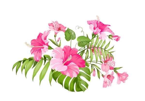 Tropische bloem garland voor het ontwerp van uw kaart. Label met bloemen van de plumeria. Uitnodiging kaartsjabloon met kleur bloemen van alstroemeria. — Stockvector