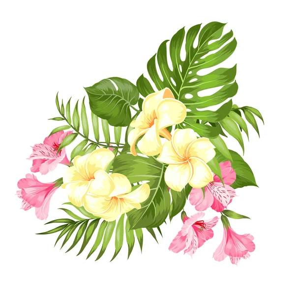 Semester illustration med blommig garland. Bröllop krans med tropiska blommor för inbjudningskort. Sommar semester inbjudningskort med blommig bukett med text placera. — Stock vektor