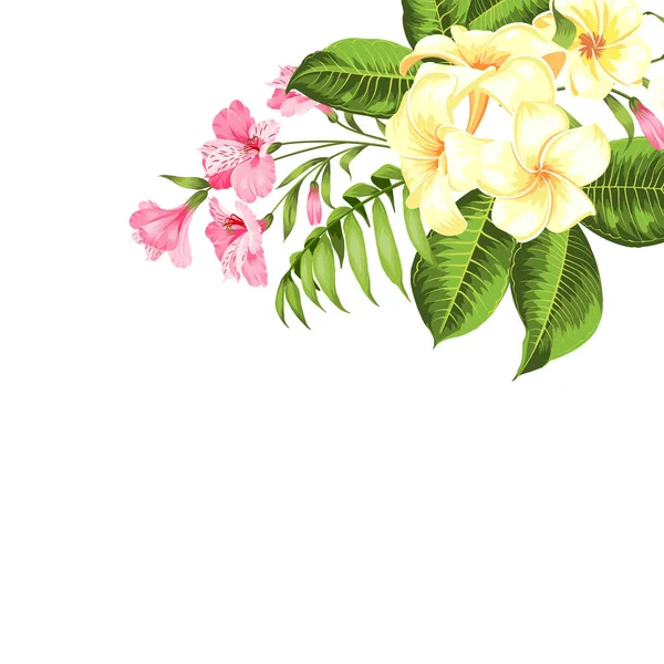 Enda tropisk blombukett i övre hörnet av bilden över vit bakgrund. Blossom blommor för inbjudningskort. — Stock vektor