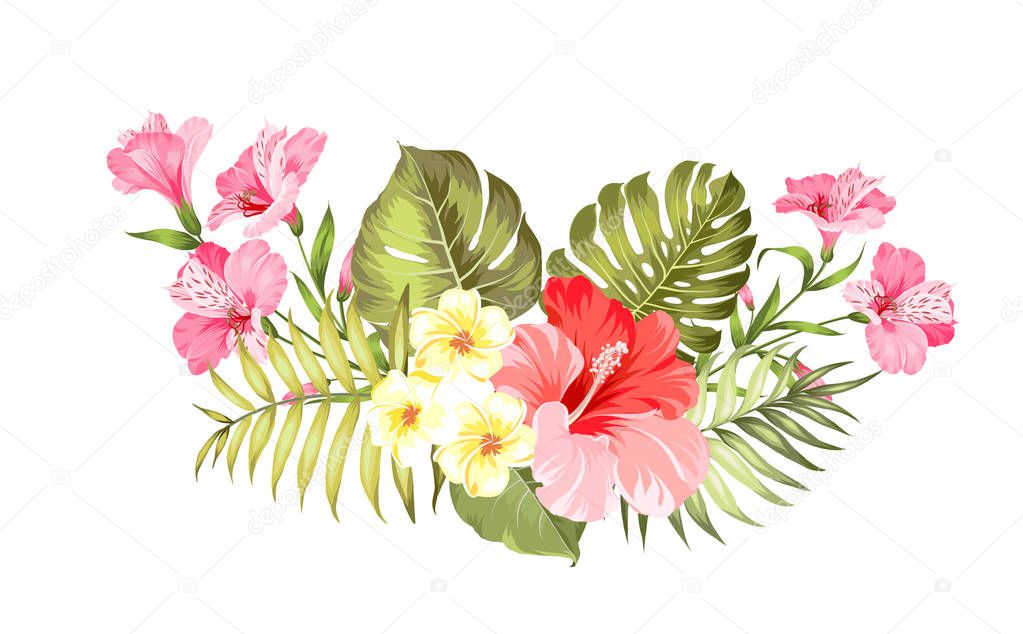 Tropical flower garland for your card design. Label with plumeria flowers. Invitation card template with color flowers of alstroemeria.