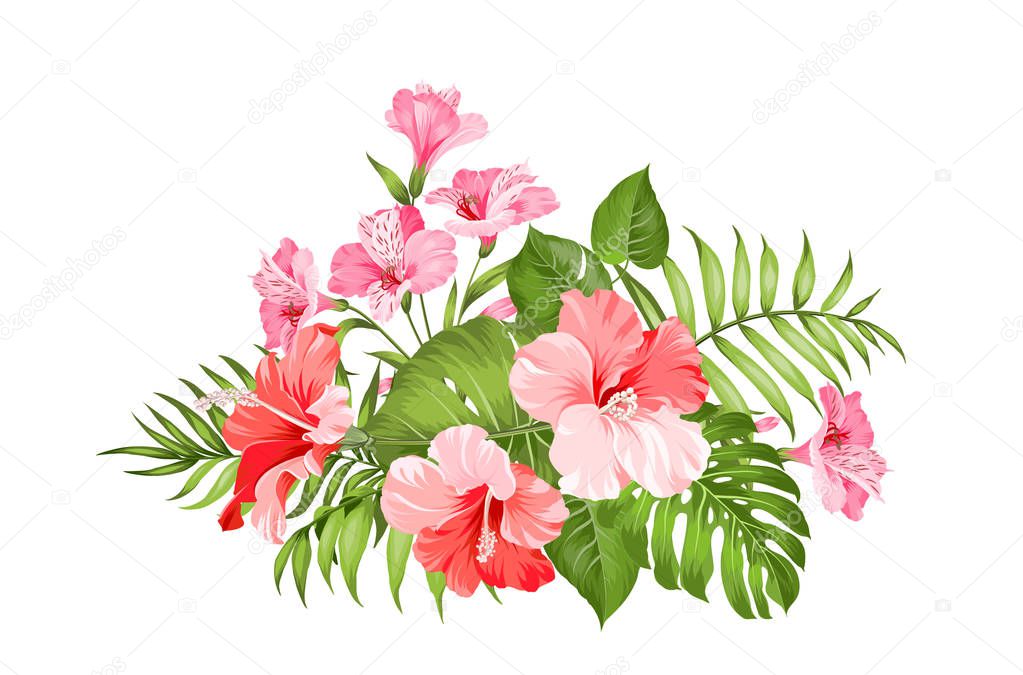 Exotic flowers bouquet of color bud garland. Label with hibiscus flowers. Bouquet of aromatic tropical flowers. Invitation card template with color flowers of alstroemeria.