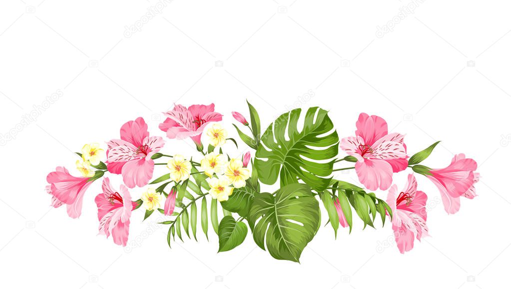 Tropical flower garland for your card design. Label with plumeria flowers. Invitation card template with color flowers of alstroemeria.