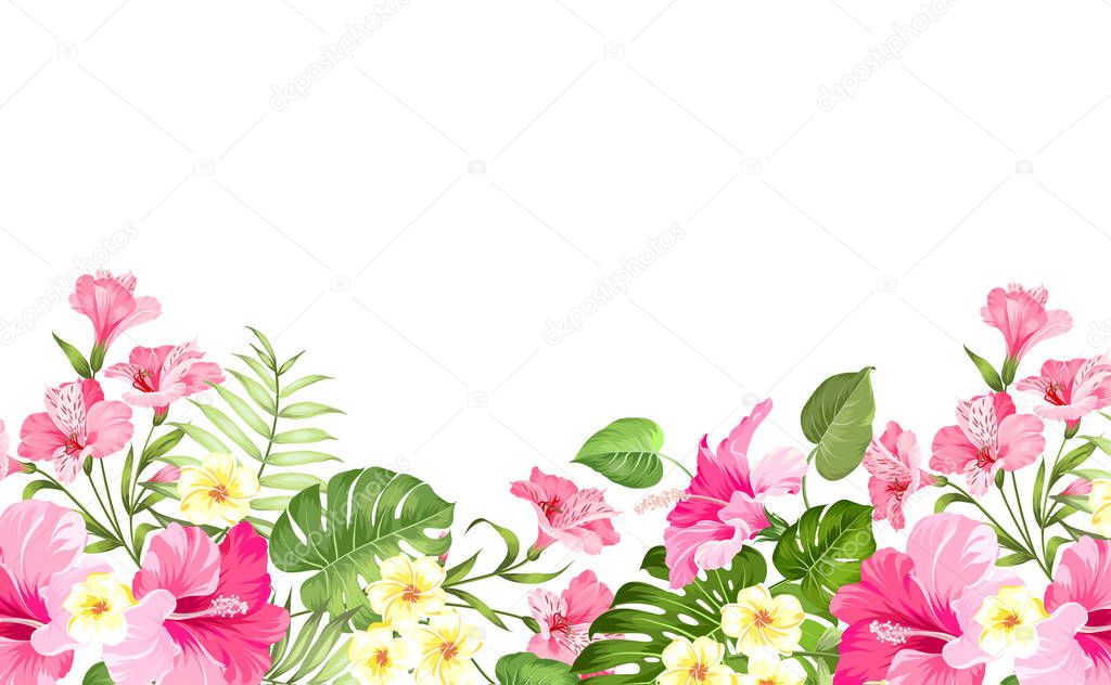 Summer vacation card. Tropical flowers of plumeria and hibiscus at the label. Tropical palm branches with text space on the top of the image.