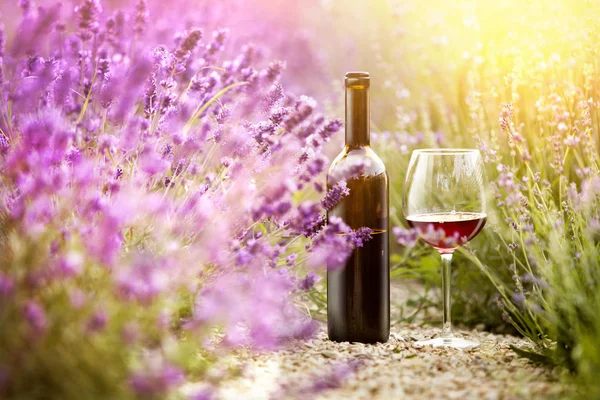 Delicious wine over lavender flowers field. — Stock Photo, Image