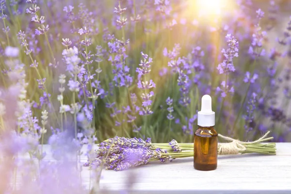 Essential lavender oil in the bottle with dropper on the table in lavender field. Horizontal close-up — Stock Photo, Image