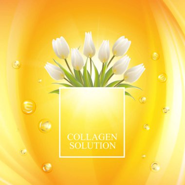 Yaz tatiliniz için Sunscreen etiket tasarımı. Cilt Bakımı kavramı. Turuncu arka planda beyaz lale çiçekler Buket.