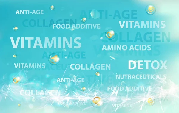Krem Kozmetik etiket için cilt bakımı kavramı. Yeşil arka planda vitamin harfleri ile altın kabarcıklar. — Stok Vektör
