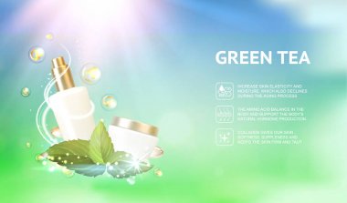 Yeşil arka planda krem kavanozu. Parlayan biyo özü şişesi. Yeşil Çay ve Rejenere Krem ile Nemlendirici.