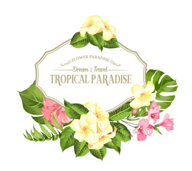 Tropik çiçeklerbir çelenk ile güzel bir kart. Tropikal plumeria çelenk. Gri arka plan üzerinde davet kartı için çiçek çiçekleri.