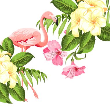 Tropikal kuşlar ve çiçekler illüstrasyon. Sarma, kumaş, davet kartı ve şablon tasarımı için moda yaz baskı.